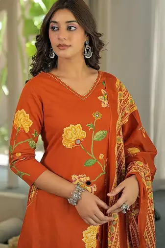 women floral printed regular mirror work  cotton kurta with palazzos & with dupatta