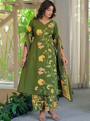 women floral embroidered regular thread work  cotton kurta with palazzos & with dupatta 1