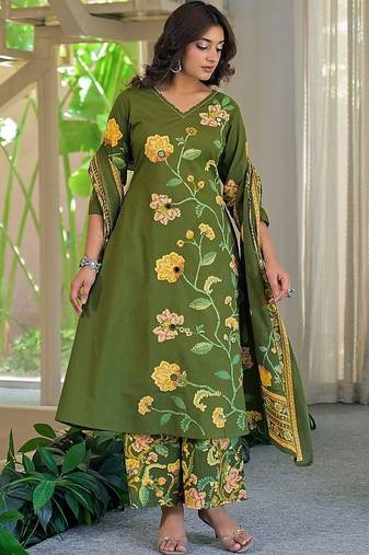 women floral embroidered regular thread work  cotton kurta with palazzos & with dupatta