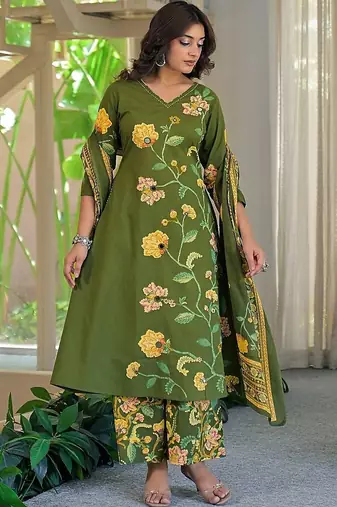 women floral embroidered regular thread work  cotton kurta with palazzos & with dupatta