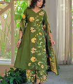 women floral embroidered regular thread work  cotton kurta with palazzos & with dupatta