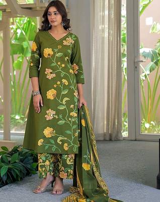 women floral embroidered regular thread work  cotton kurta with palazzos & with dupatta 2