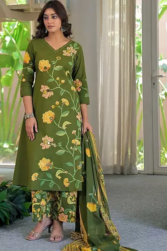 women floral embroidered regular thread work  cotton kurta with palazzos & with dupatta
