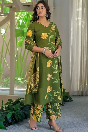 women floral embroidered regular thread work  cotton kurta with palazzos & with dupatta