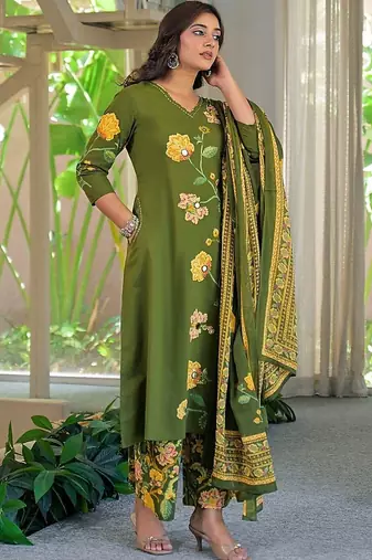 women floral embroidered regular thread work  cotton kurta with palazzos & with dupatta