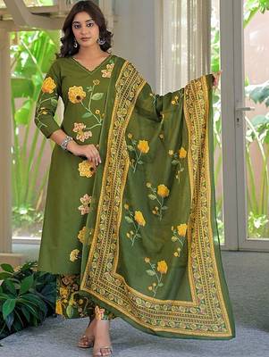 women floral embroidered regular thread work  cotton kurta with palazzos & with dupatta 5