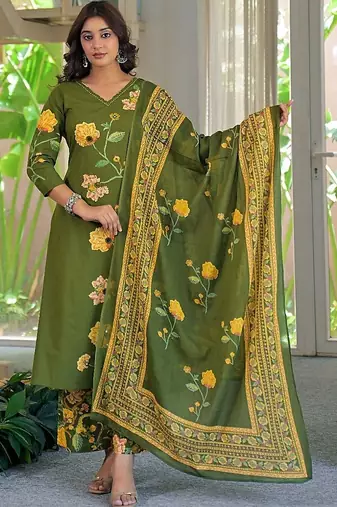 women floral embroidered regular thread work  cotton kurta with palazzos & with dupatta