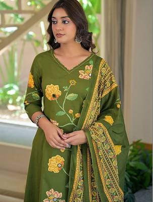 women floral embroidered regular thread work  cotton kurta with palazzos & with dupatta 6