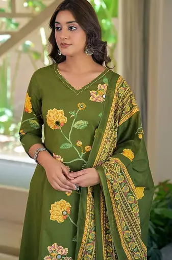 women floral embroidered regular thread work  cotton kurta with palazzos & with dupatta