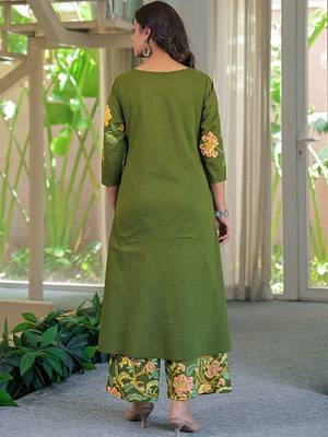 women floral embroidered regular thread work  cotton kurta with palazzos & with dupatta 7