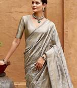 Grey ethnic motifs zari silk blend banarasi saree
