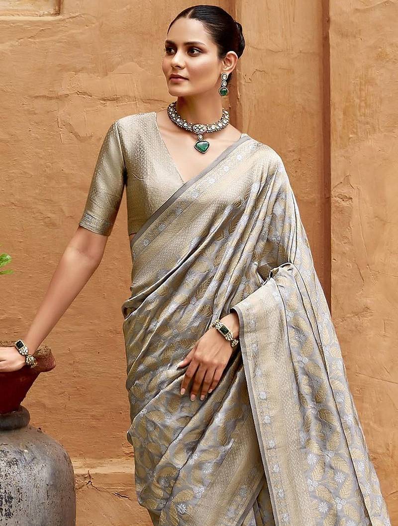 Grey ethnic motifs zari silk blend banarasi saree