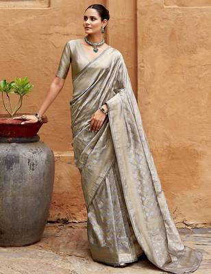 Grey ethnic motifs zari silk blend banarasi saree 2
