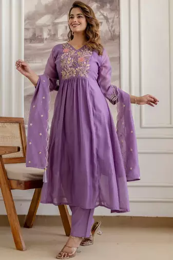 women floral embroidered angrakha thread work chanderi silk kurta with trousers & with dupatta