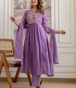 women floral embroidered angrakha thread work chanderi silk kurta with trousers & with dupatta