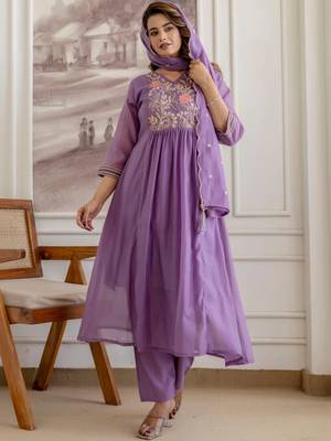 women floral embroidered angrakha thread work chanderi silk kurta with trousers & with dupatta 3