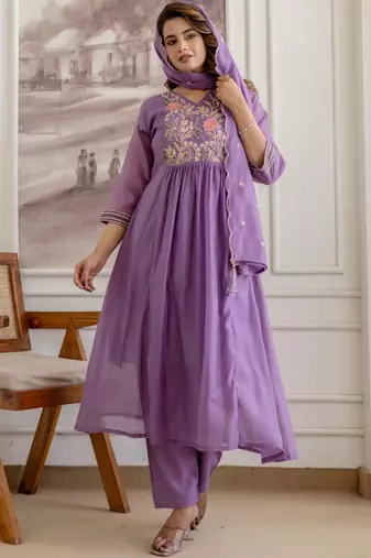 women floral embroidered angrakha thread work chanderi silk kurta with trousers & with dupatta