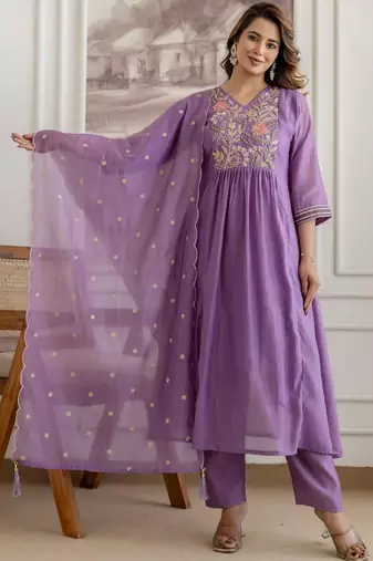 women floral embroidered angrakha thread work chanderi silk kurta with trousers & with dupatta