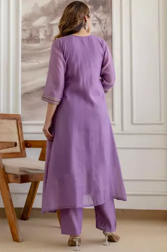 women floral embroidered angrakha thread work chanderi silk kurta with trousers & with dupatta