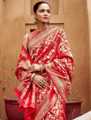 Red ethnic motifs zari silk blend banarasi saree 1