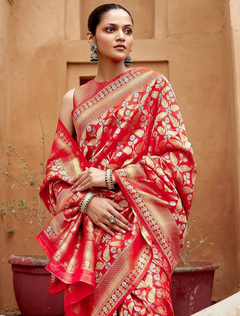 Red ethnic motifs zari silk blend banarasi saree