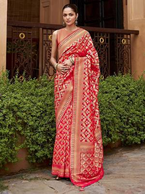 Red ethnic motifs zari silk blend banarasi saree 2