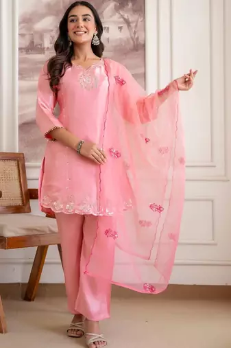 women ethnic motifs embroidered regular sequinned kurta with trousers & with dupatta