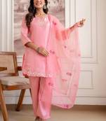 women ethnic motifs embroidered regular sequinned kurta with trousers & with dupatta