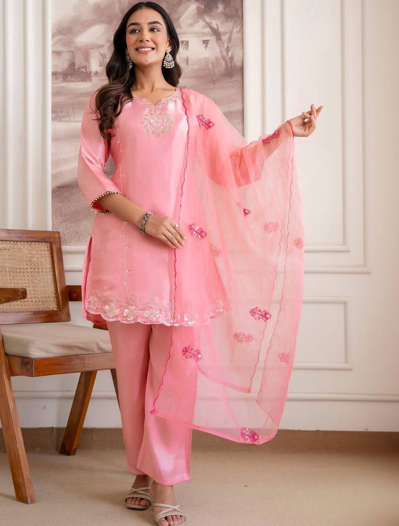 women ethnic motifs embroidered regular sequinned kurta with trousers & with dupatta