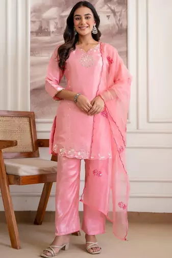 women ethnic motifs embroidered regular sequinned kurta with trousers & with dupatta