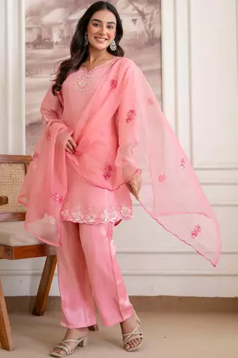 women ethnic motifs embroidered regular sequinned kurta with trousers & with dupatta