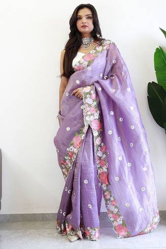 Lavender floral embroidered silk blend saree
