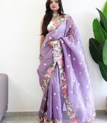 Lavender floral embroidered silk blend saree