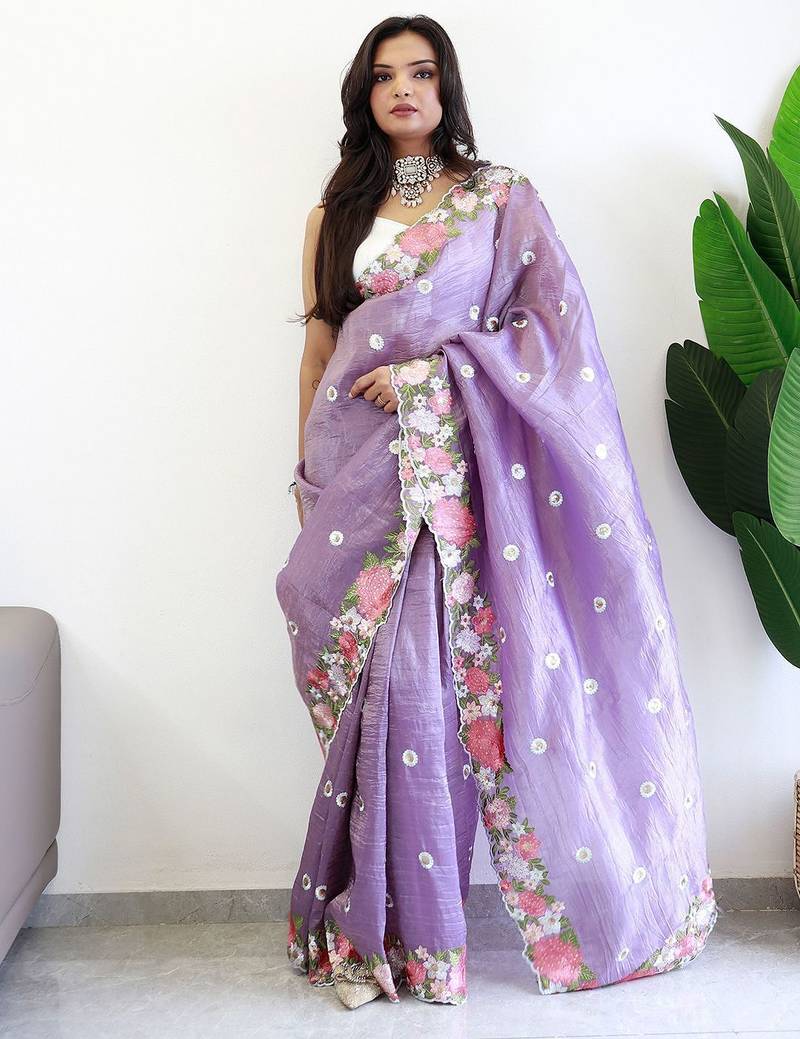 Lavender floral embroidered silk blend saree