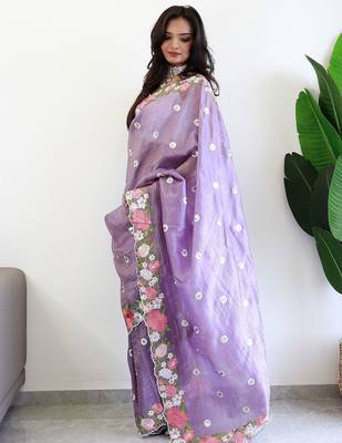 Lavender floral embroidered silk blend saree 2