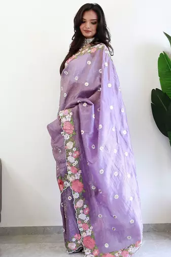 Lavender floral embroidered silk blend saree
