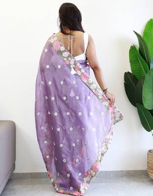 Lavender floral embroidered silk blend saree 3