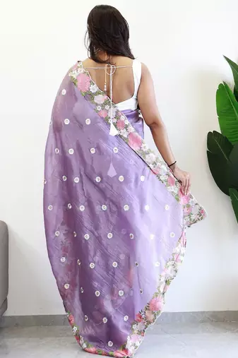 Lavender floral embroidered silk blend saree