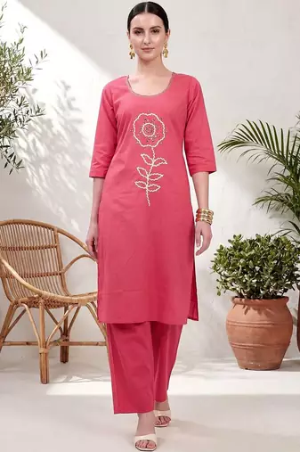 women ethnic motifs embroidered regular thread work  cotton kurta with trousers