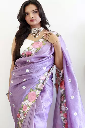 Lavender floral embroidered silk blend saree
