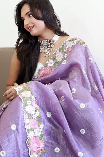Lavender floral embroidered silk blend saree