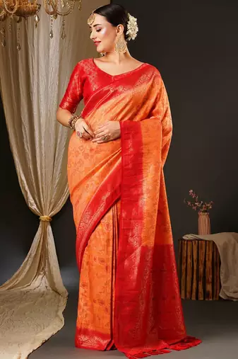 Peach peach-coloured & red ethnic motifs woven design zari kanjeevaram saree