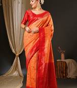 Peach peach-coloured & red ethnic motifs woven design zari kanjeevaram saree