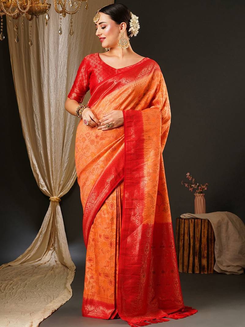 Peach peach-coloured & red ethnic motifs woven design zari kanjeevaram saree