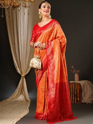 Peach peach-coloured & red ethnic motifs woven design zari kanjeevaram saree 2