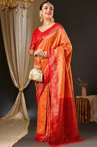 Peach peach-coloured & red ethnic motifs woven design zari kanjeevaram saree
