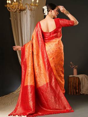 Peach peach-coloured & red ethnic motifs woven design zari kanjeevaram saree 3