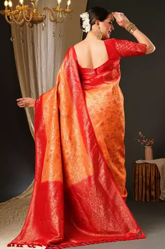 Peach peach-coloured & red ethnic motifs woven design zari kanjeevaram saree