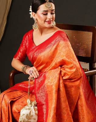 Peach peach-coloured & red ethnic motifs woven design zari kanjeevaram saree 4