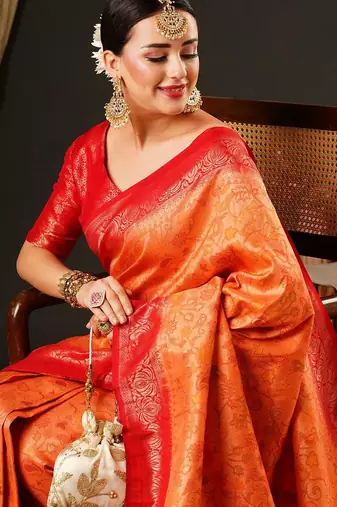 Peach peach-coloured & red ethnic motifs woven design zari kanjeevaram saree